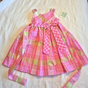 Bonnie Jean girls size 7 pink green & white plaid dress with bow, NWT